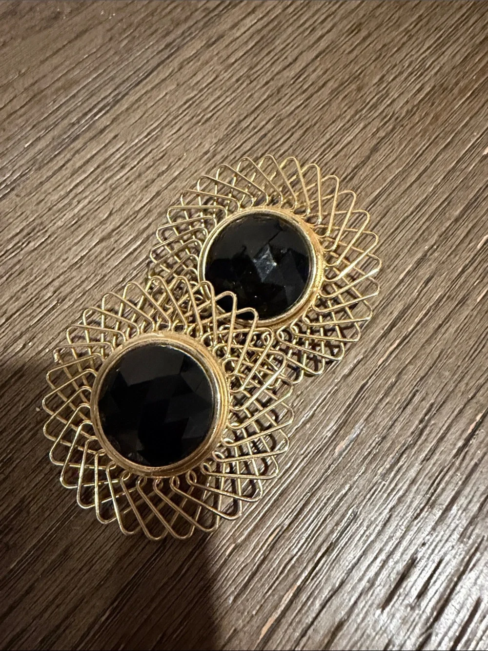 Gold Filigree Earrings with Black Faceted Stone - Women Jewelry